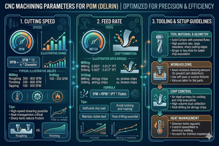 Parametri di lavorazione CNC per velocità, alimentazioni e configurazione POM