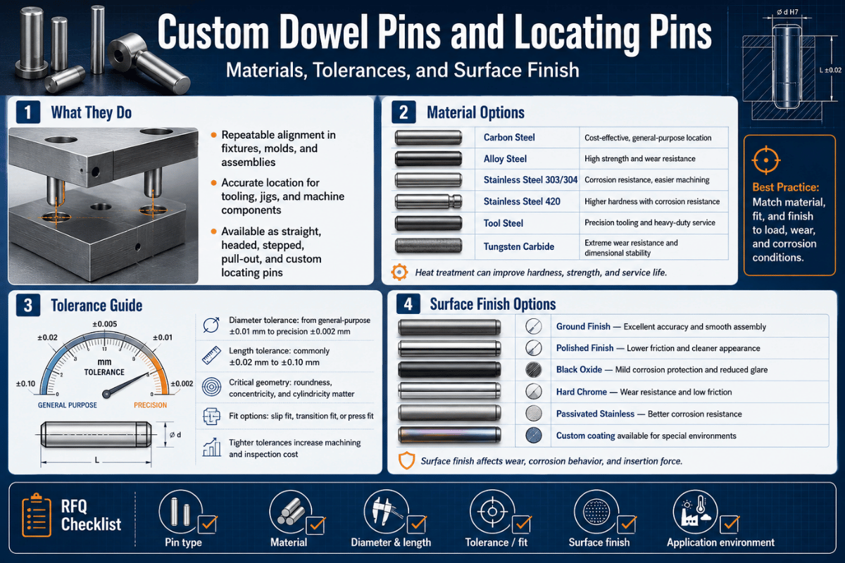 Custom Dowel Pins and Locating Pins: Materials, Tolerances, and Surface Finish
